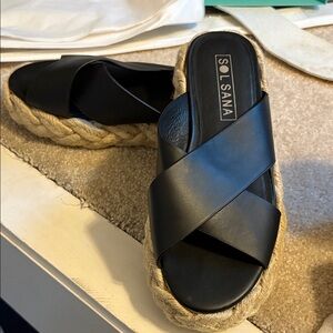 Sol Sana Black Leather Espadrille Platform Slide